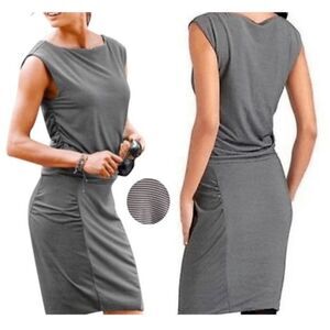 Athleta Womens XS Westwood Ruched Cap Sleeve Dress Tencel Black White Stripe